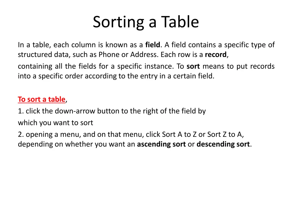 sorting a table