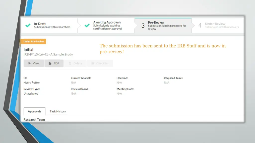 the submission has been sent to the irb staff