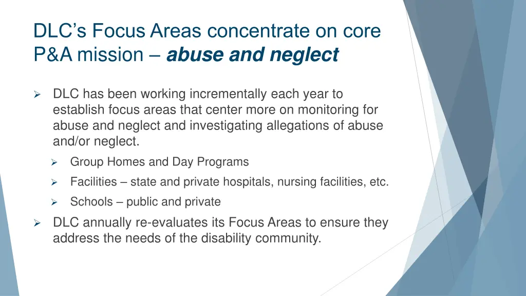 dlc s focus areas concentrate on core p a mission