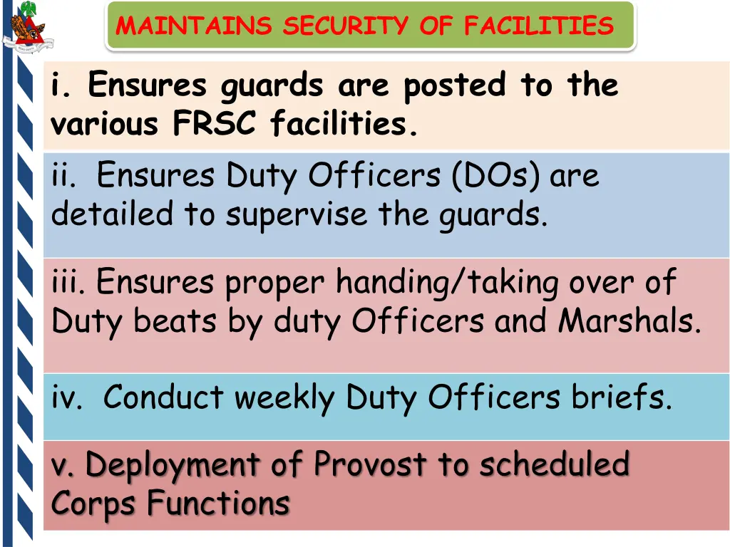 maintains security of facilities