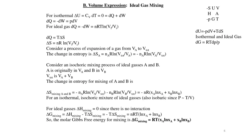 b volume expression ideal gas mixing