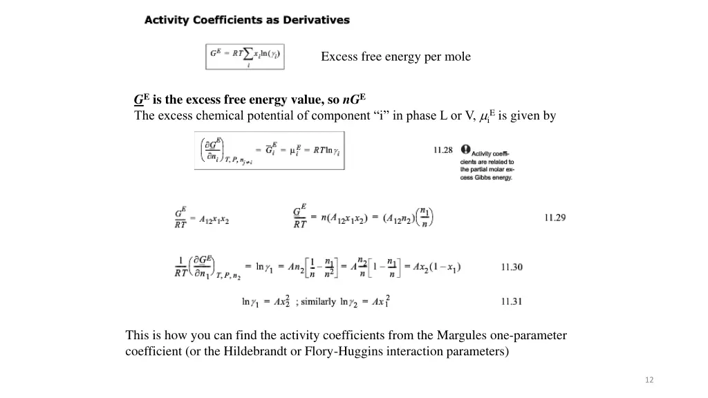 excess free energy per mole