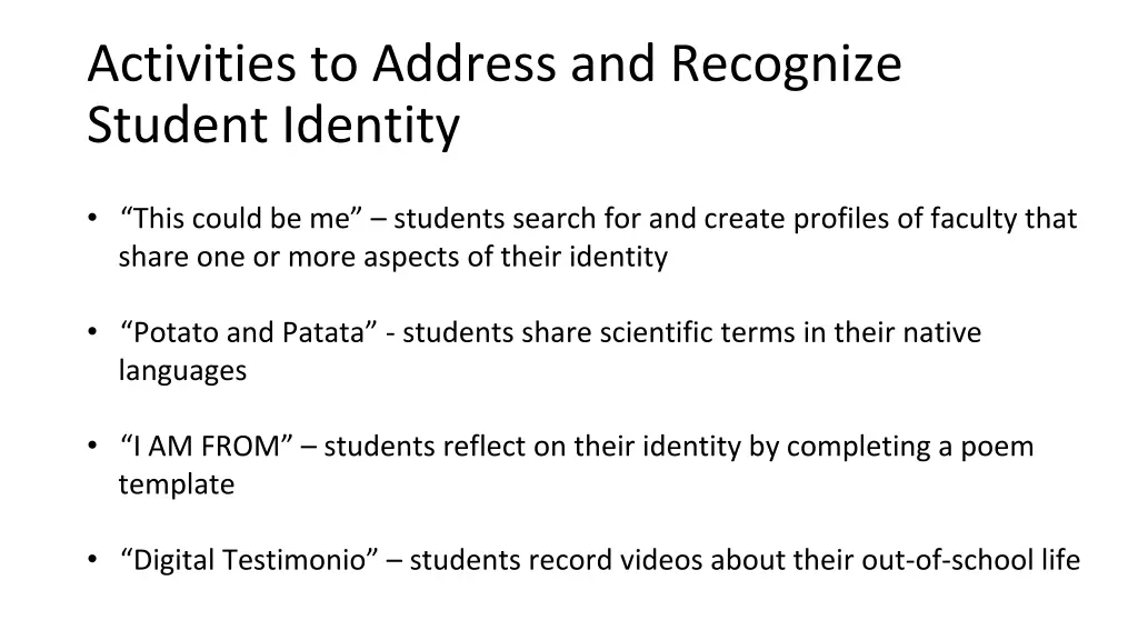 activities to address and recognize student
