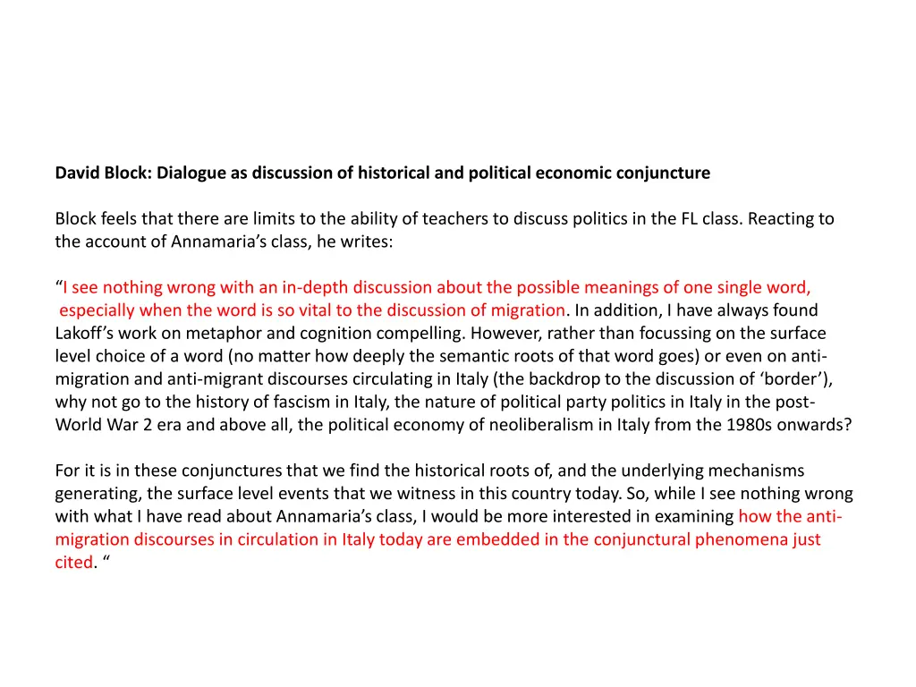 david block dialogue as discussion of historical