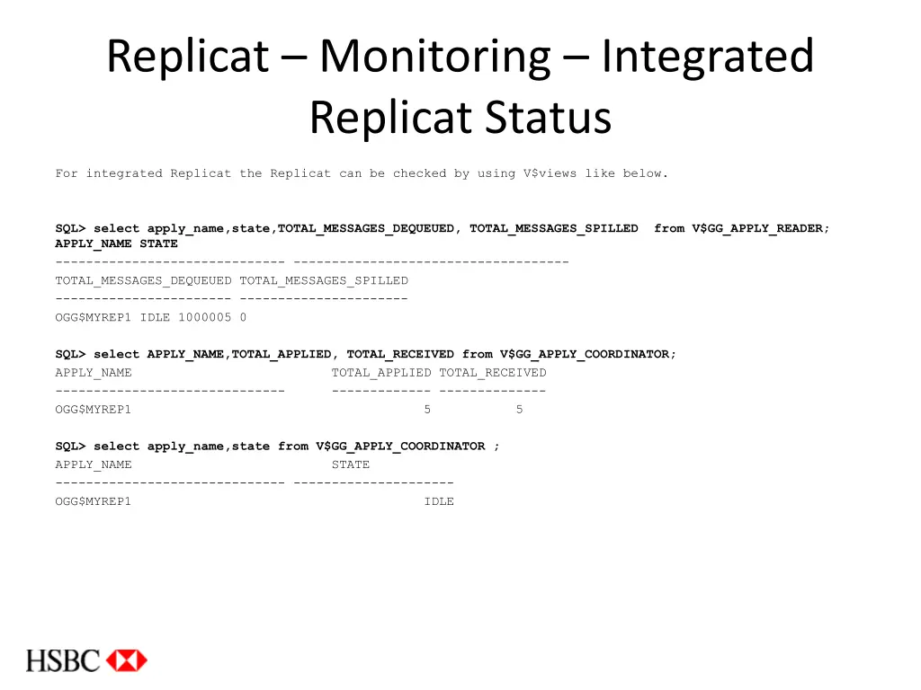 replicat monitoring integrated replicat status