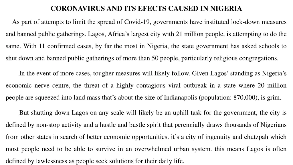 coronavirus and its efects caused in nigeria