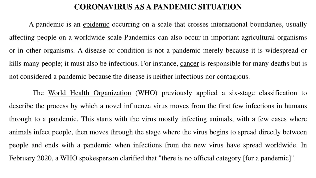 coronavirus as a pandemic situation