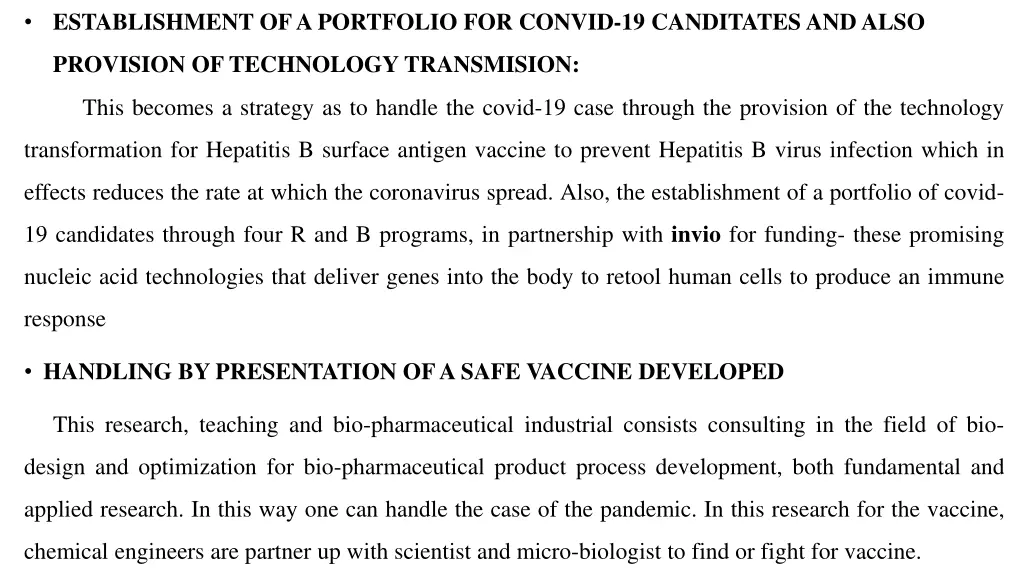establishment of a portfolio for convid