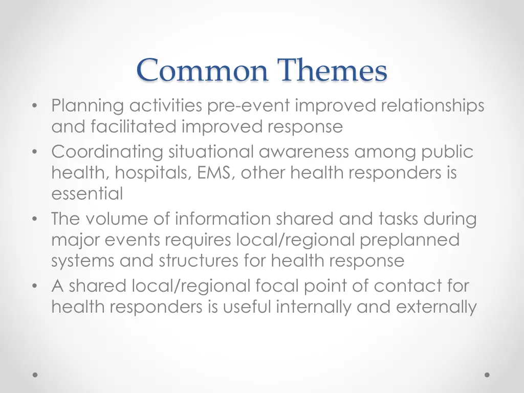 common themes planning activities pre event