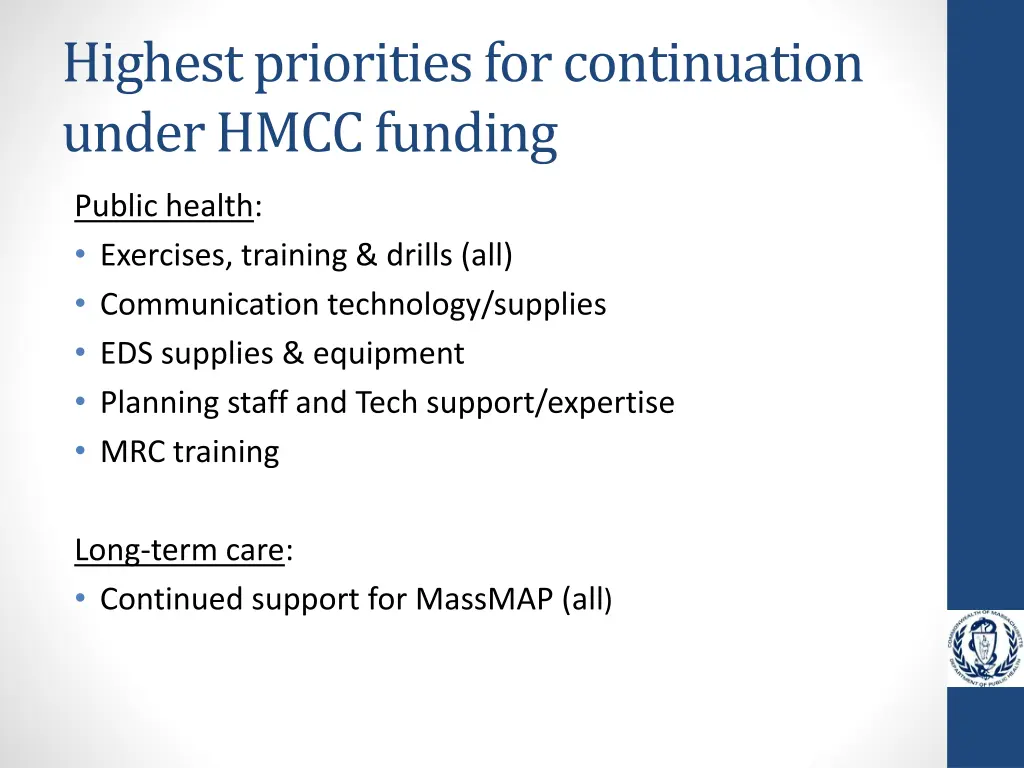 highest priorities for continuation under hmcc 2