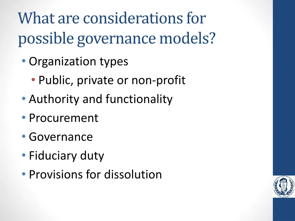 w hat are considerations for possible governance