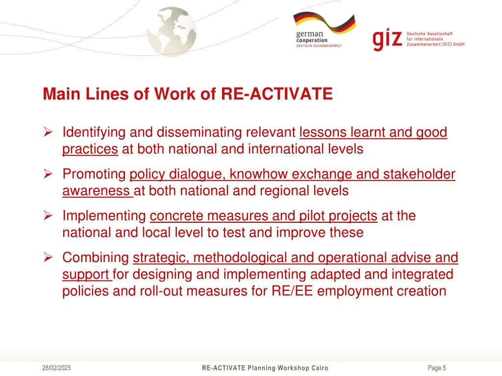 main lines of work of re activate