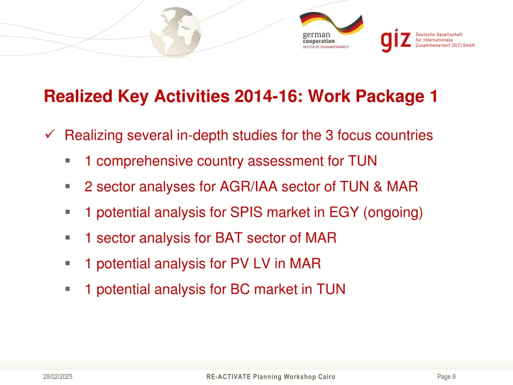 realized key activities 2014 16 work package 1 1