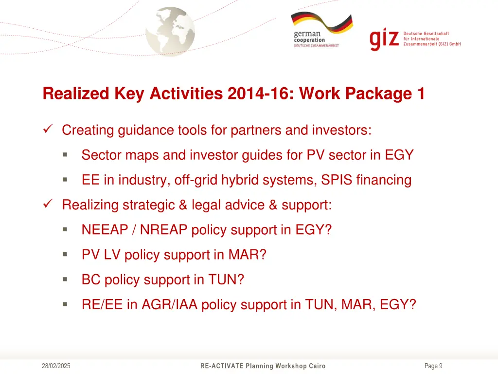 realized key activities 2014 16 work package 1 2