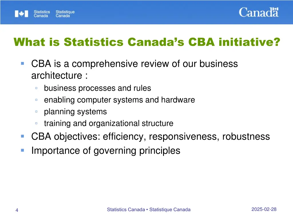 what is statistics canada s cba initiative