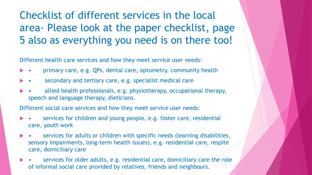 checklist of different services in the local area