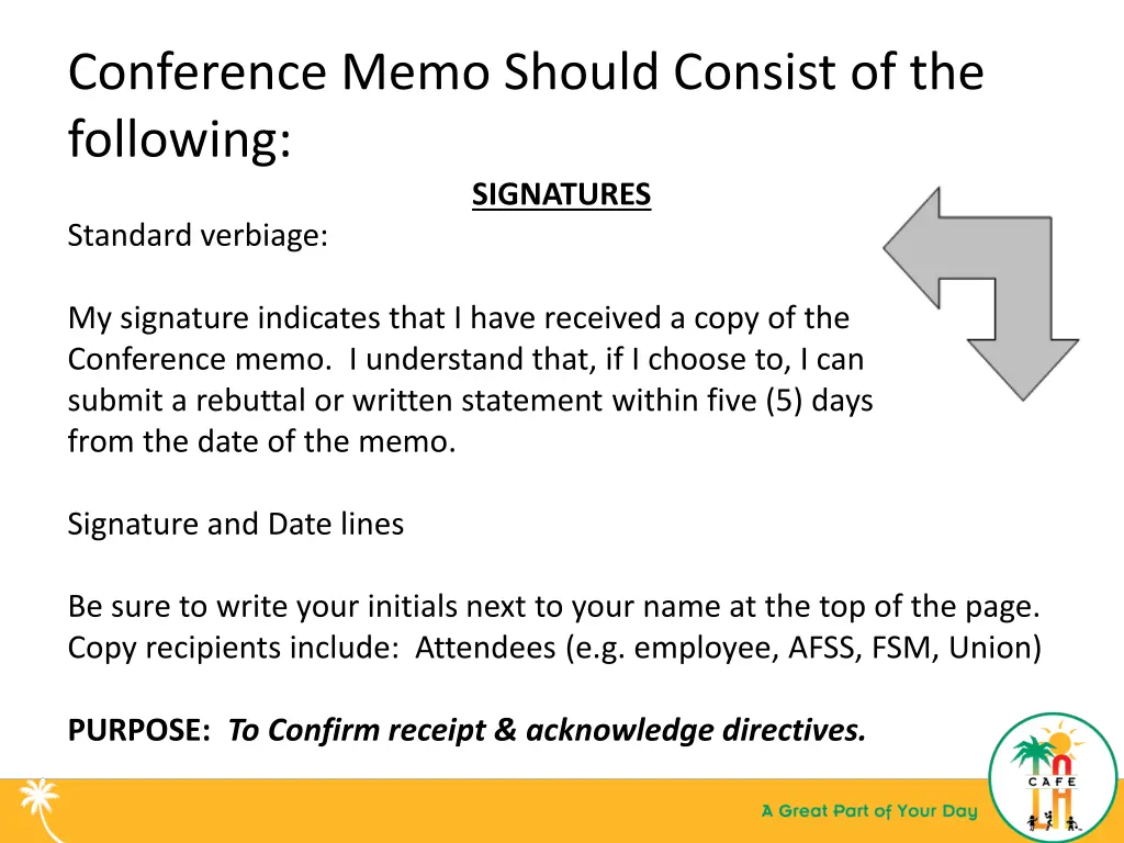conference memo should consist of the following 6