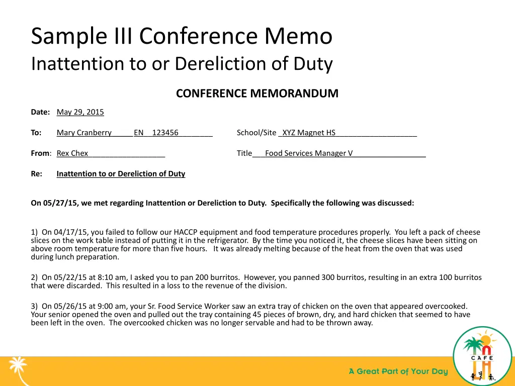 sample iii conference memo inattention