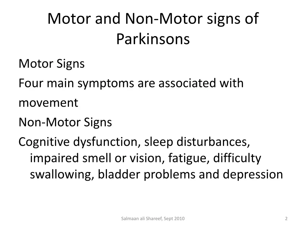 motor and non motor signs of parkinsons
