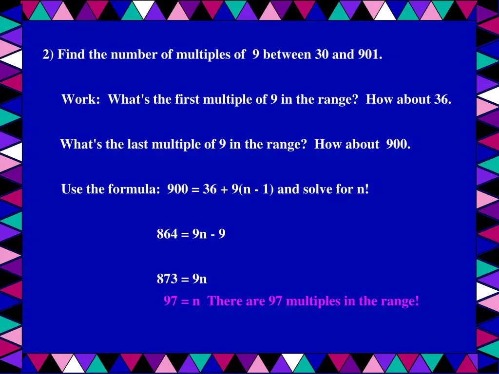 2 find the number of multiples of 9 between