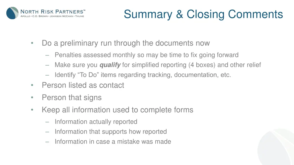 summary closing comments