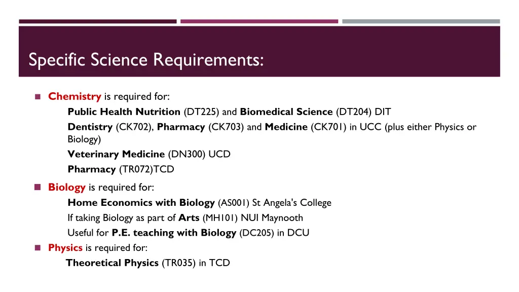 specific science requirements