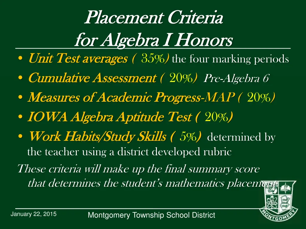 placement criteria placement criteria for algebra