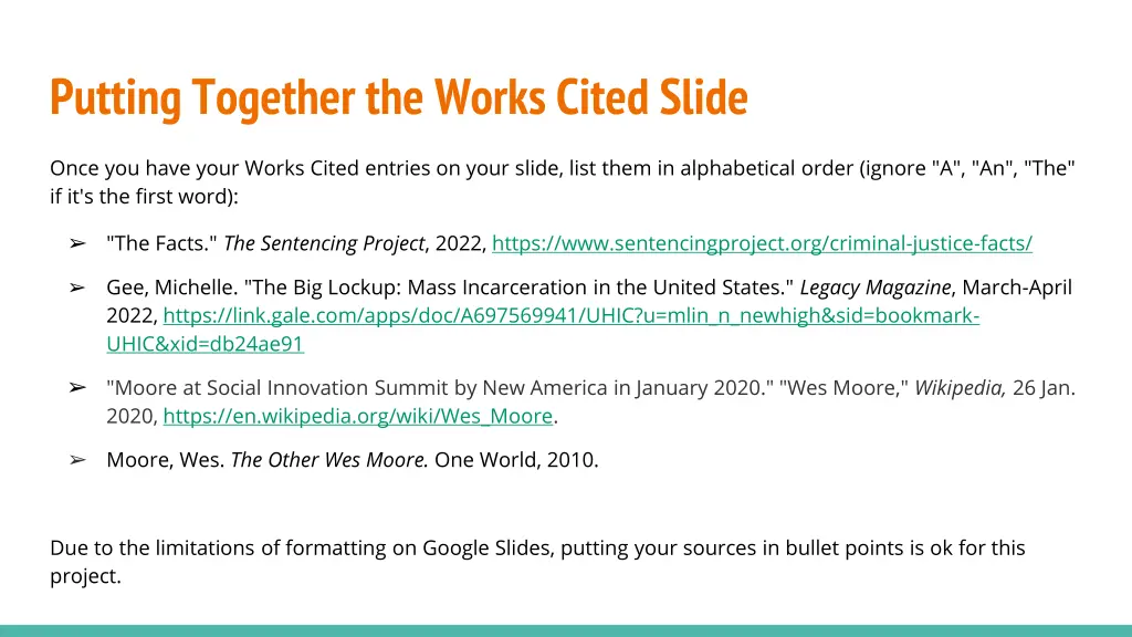 putting together the works cited slide