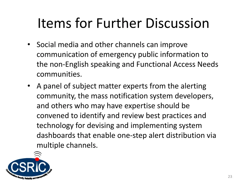 items for further discussion