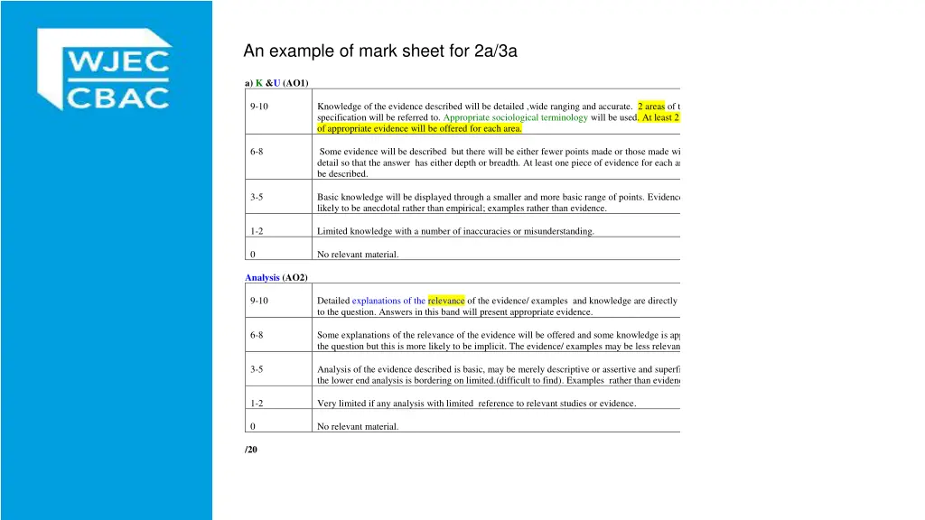 an example of mark sheet for 2a 3a