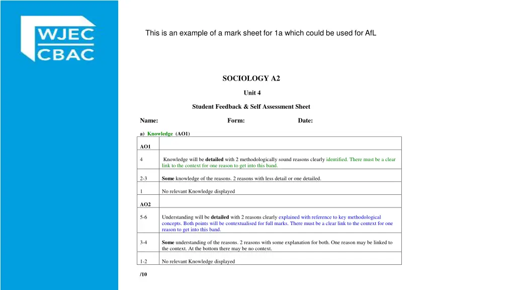 this is an example of a mark sheet for 1a which