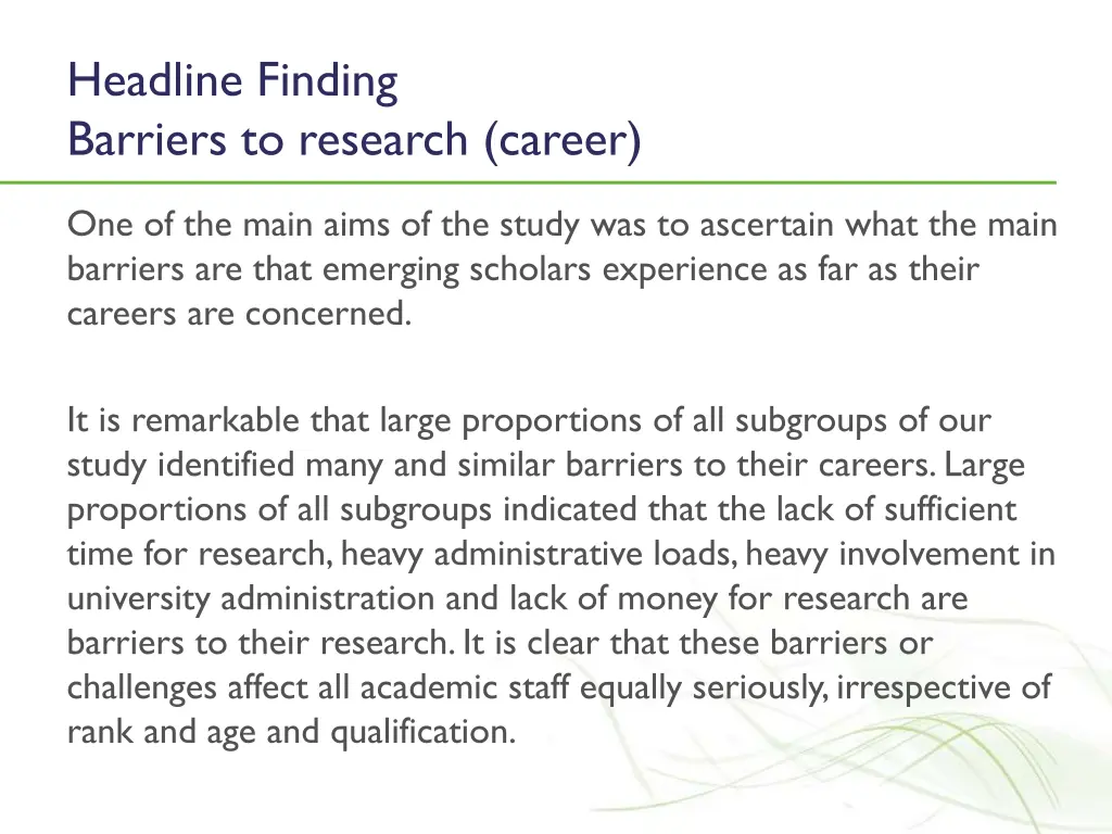 headline finding barriers to research career