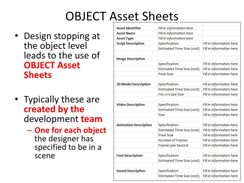 object asset sheets
