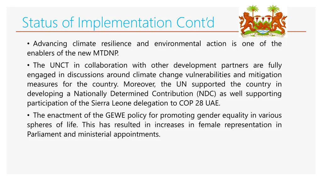 status of implementation cont d