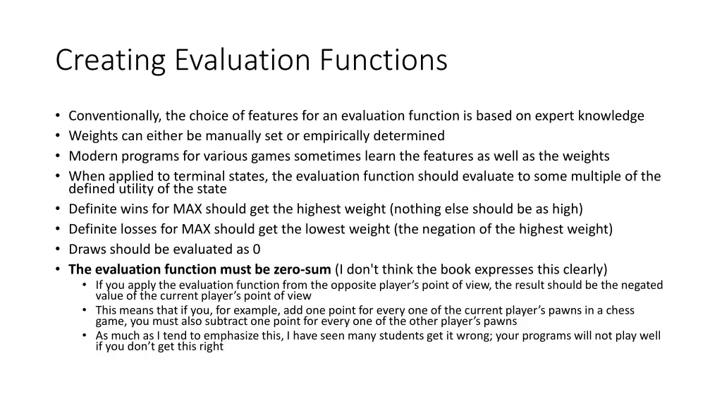creating evaluation functions
