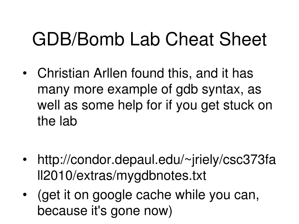 gdb bomb lab cheat sheet