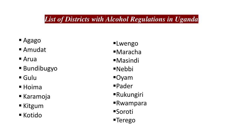 list of districts with alcohol regulations