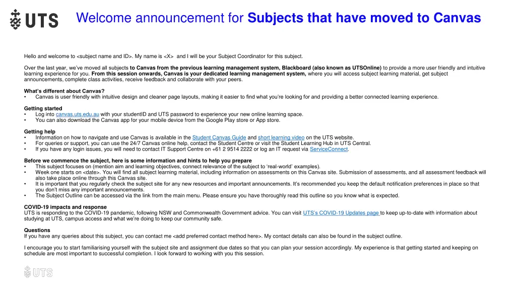 welcome announcement for subjects that have moved