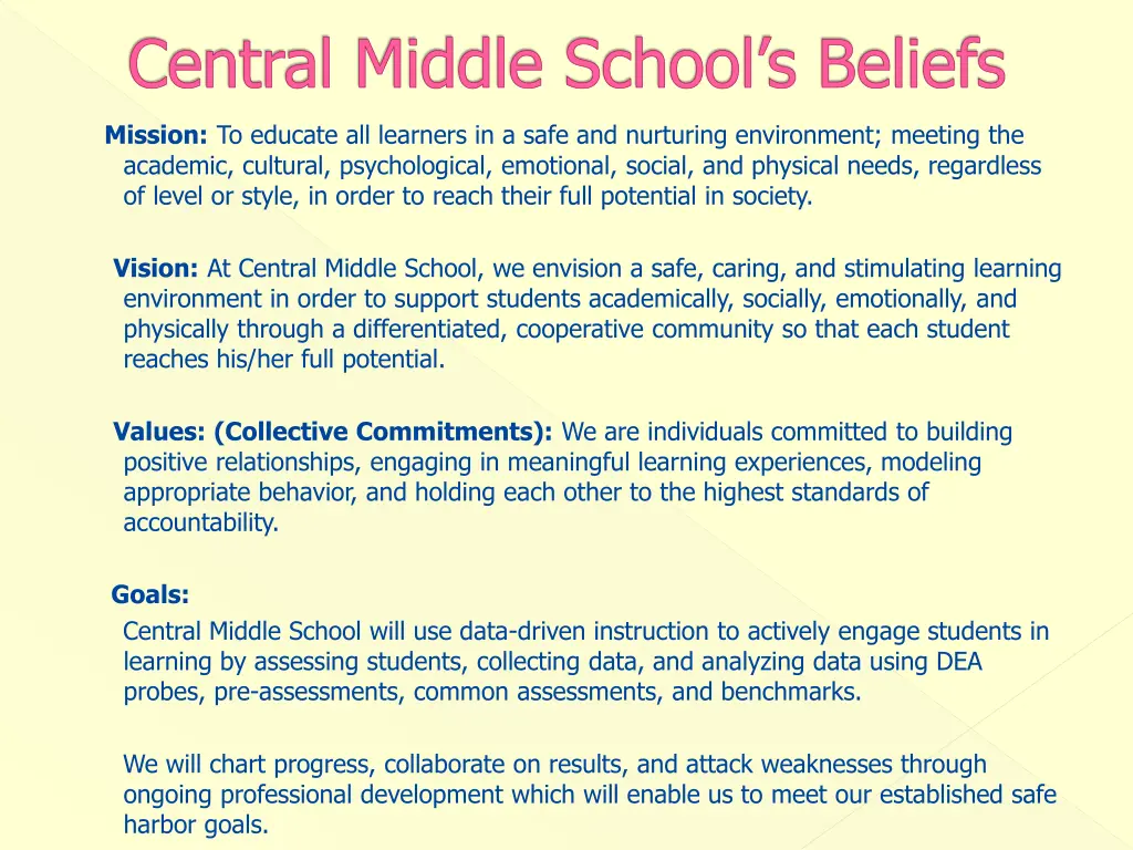 central middle school s beliefs