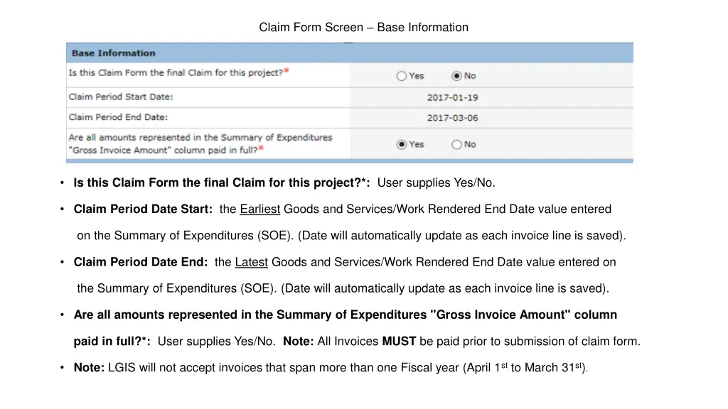 claim form screen base information
