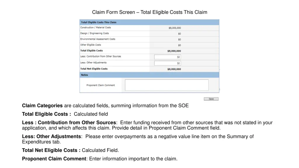claim form screen total eligible costs this claim