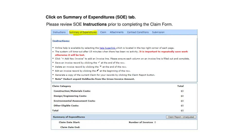 click on summary of expenditures soe tab