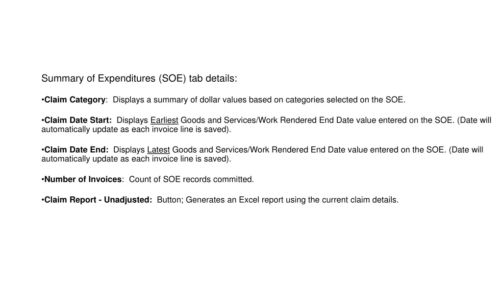 summary of expenditures soe tab details