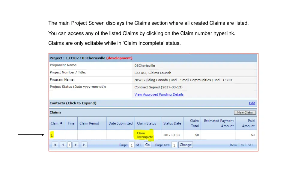 the main project screen displays the claims