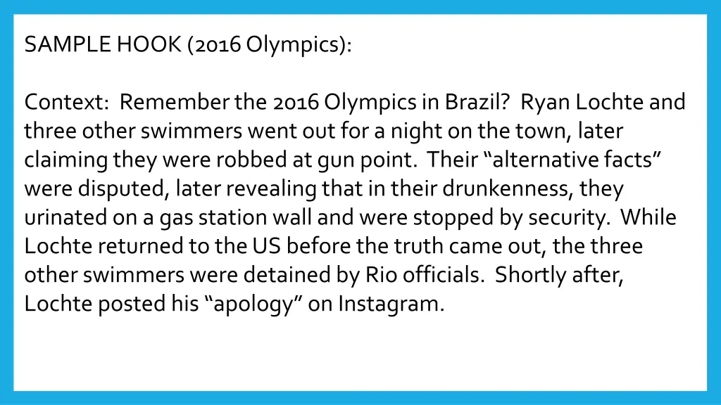sample hook 2016 olympics context remember