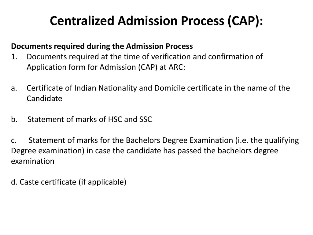 centralized admission process cap
