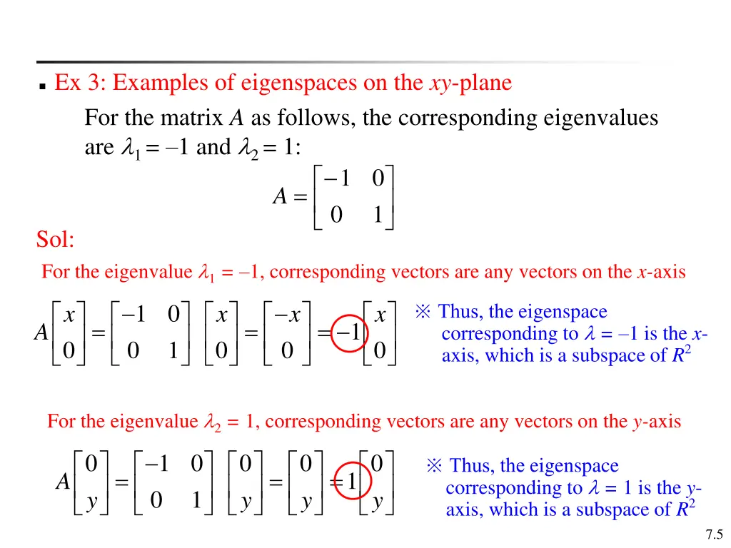 ex 3 examples of eigenspaces on the xy plane