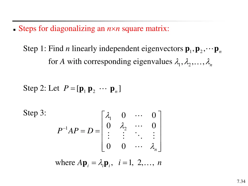 steps for diagonalizing an n n square matrix