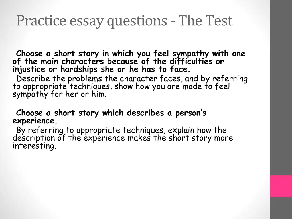 practice essay questions the test