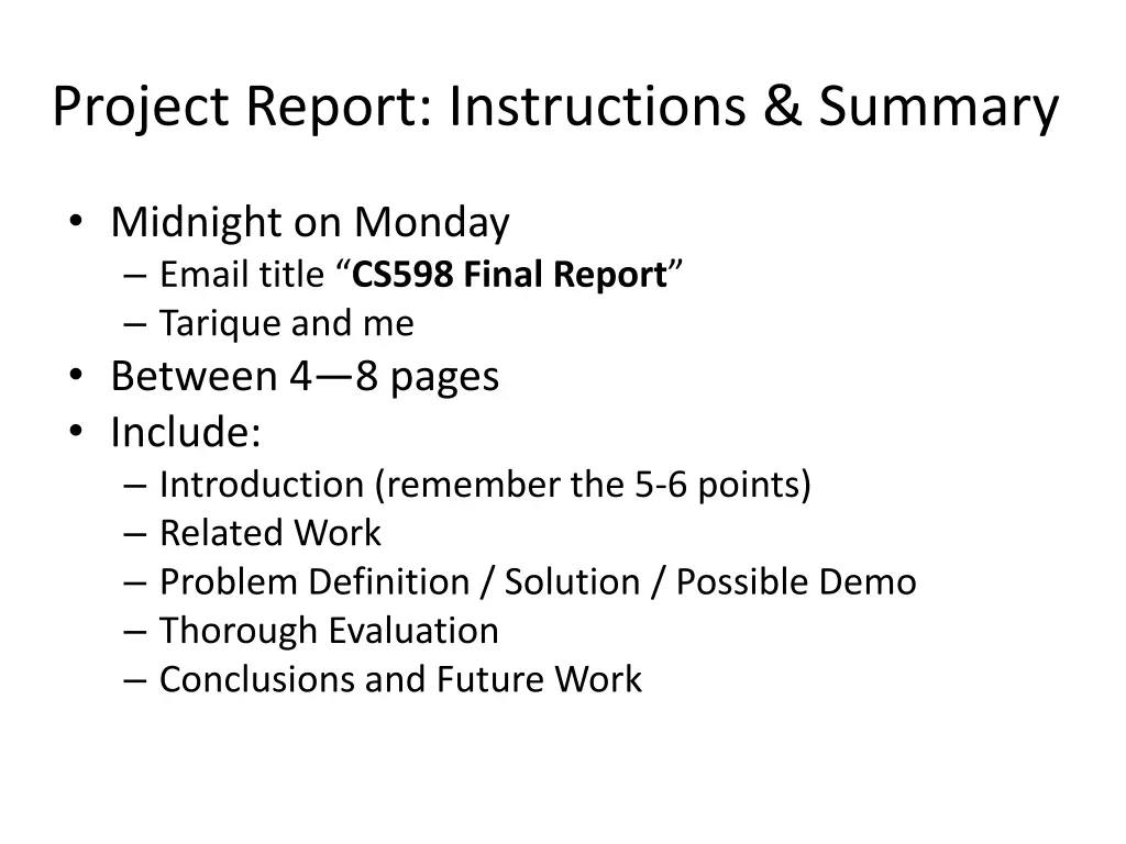 project report instructions summary
